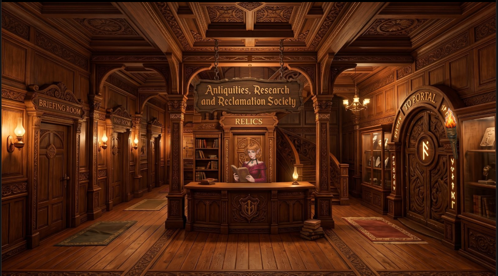 Fantasy game interior featuring a wood-panelled antiquities society reception hall