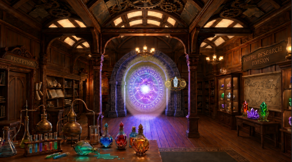 Fantasy game portal research room with glowing magical gateway