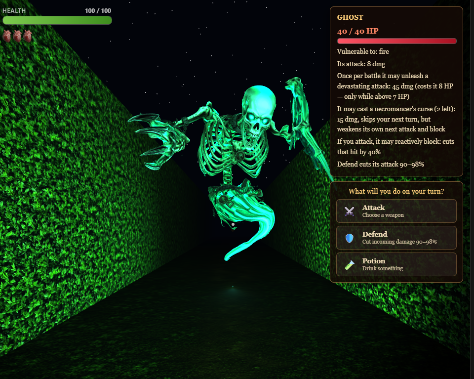 Fantasy game combat screen featuring a spectral skeleton enemy