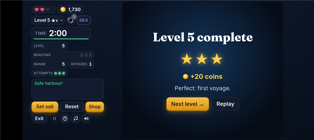 Level complete screen with three stars