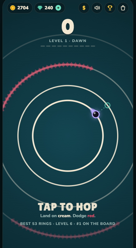 Orbitz gameplay: a ball orbiting rings with spiked sections