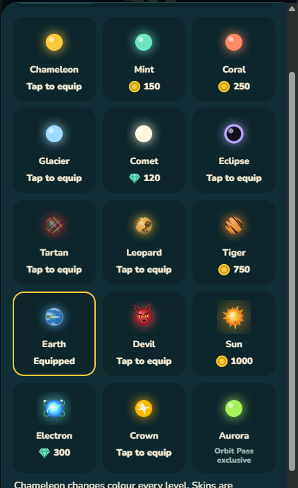Orbitz skin shop with unlockable ball designs