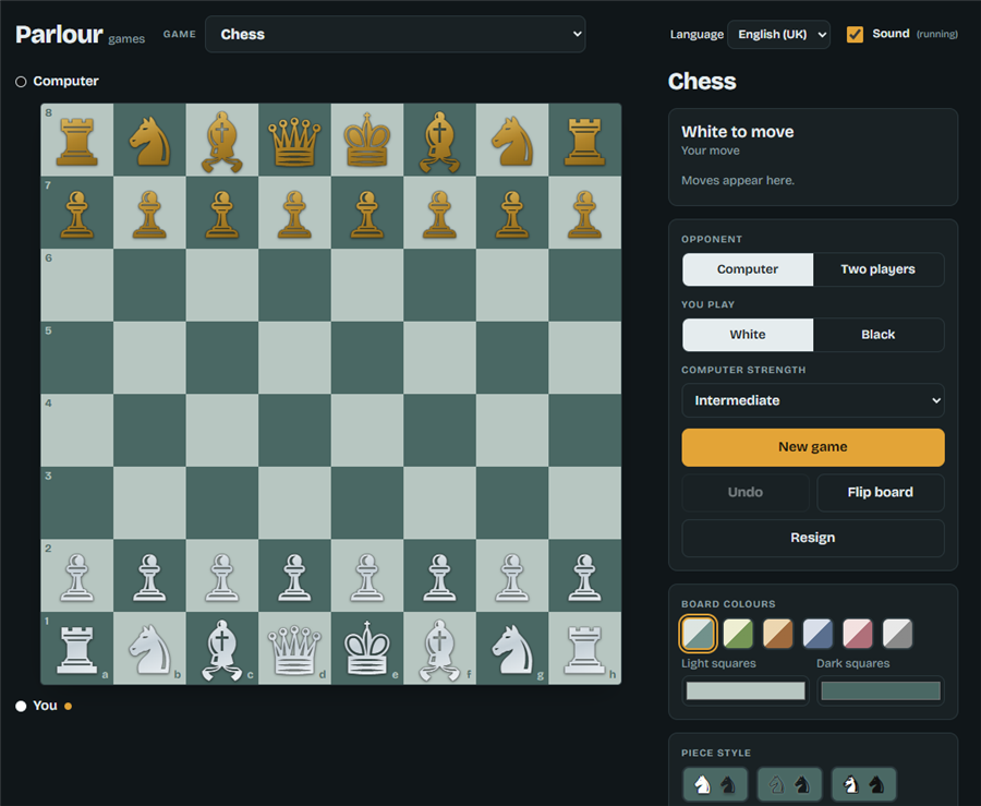 Parlour chess board against the computer